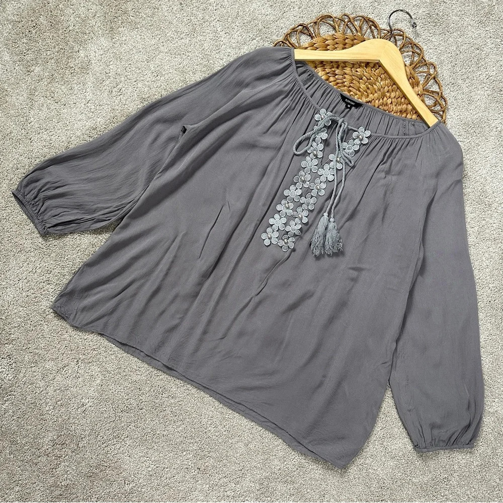 Floryday Long Sleeve Blouse Top Necktie Drawstrings Gray Boho Size M